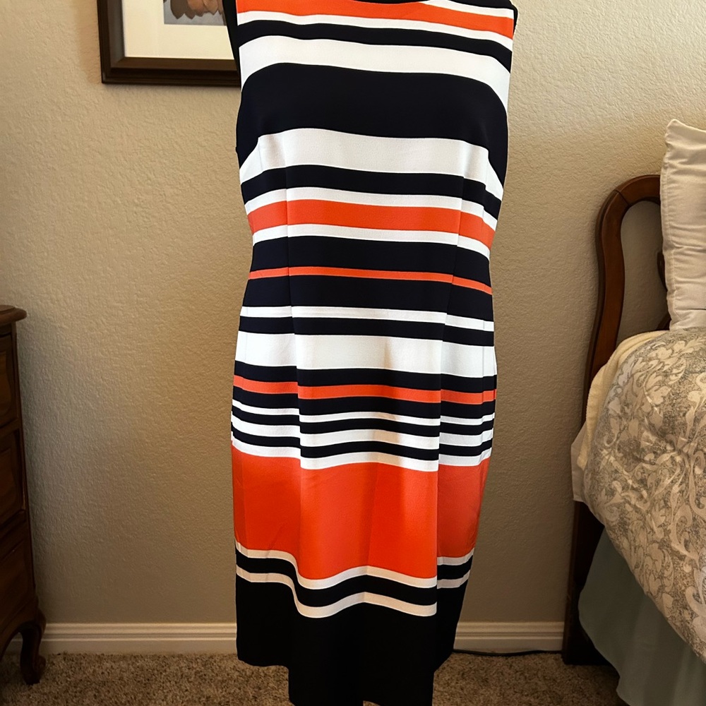 Amanda Lane Orange Black Sleeveless Sheath Midi Dress. Size 14P. NWTGS.